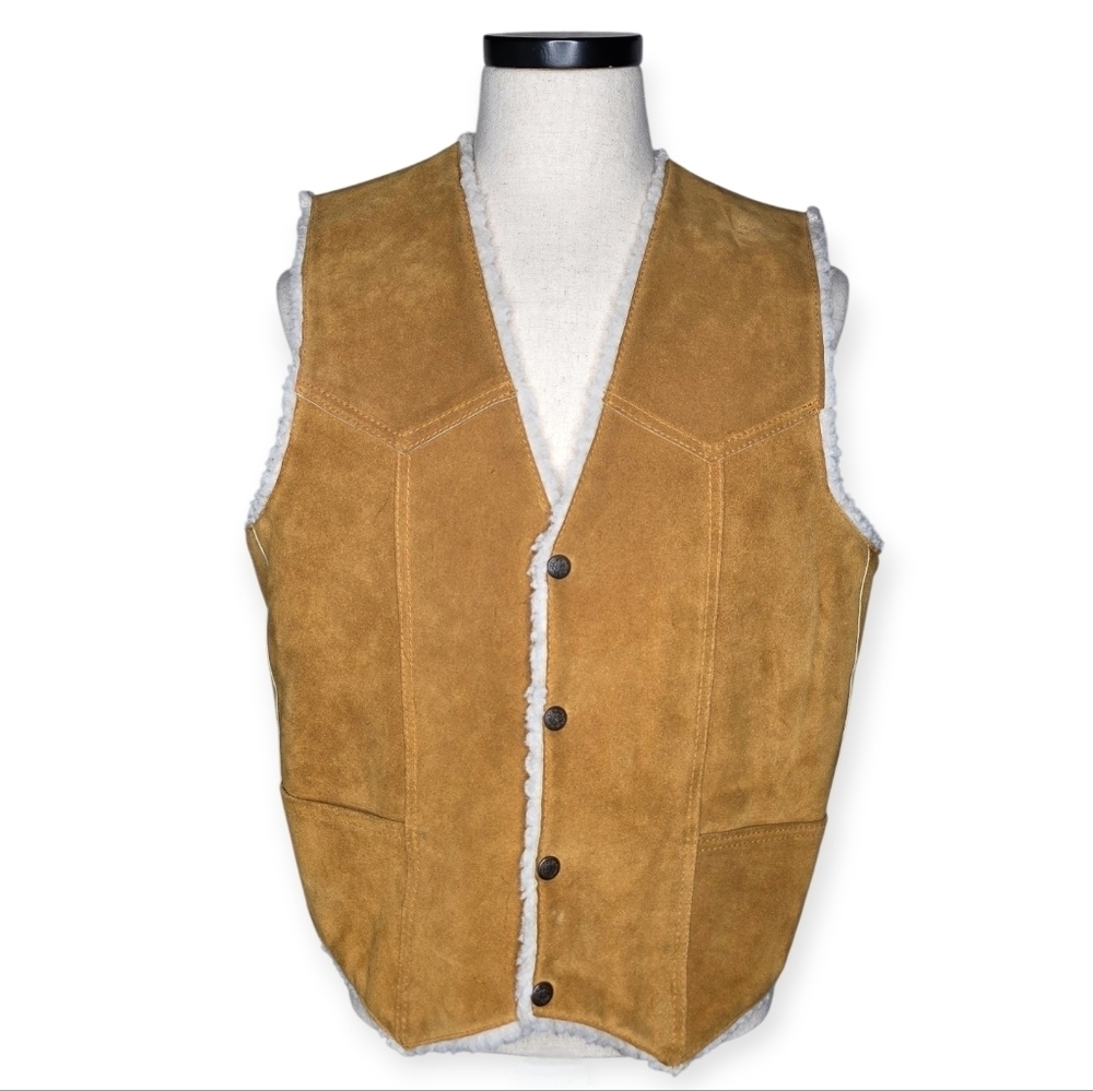 Vintage Suede Shearling Vest Men’s XL Tan Leather Western Button Front